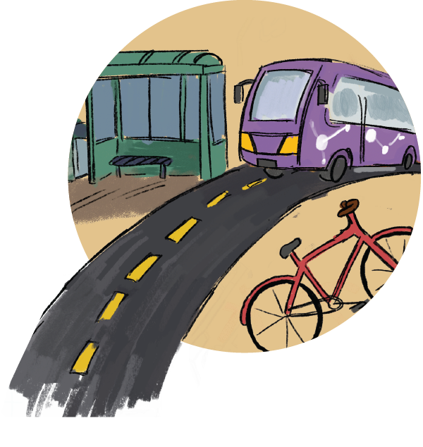 illustration of a bus by a bus stop with a bike on the side
