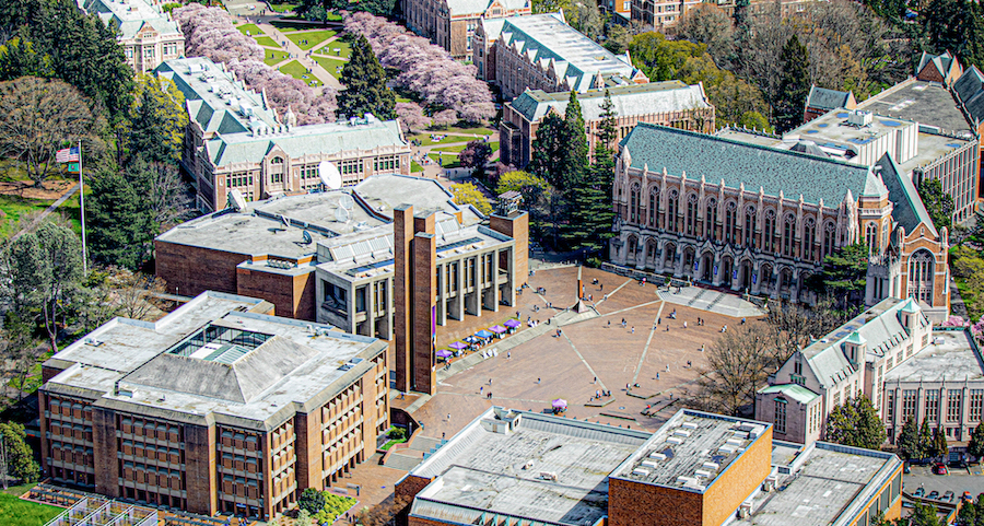 Aerial photo of Red Square with cherry blossom trees in bloom