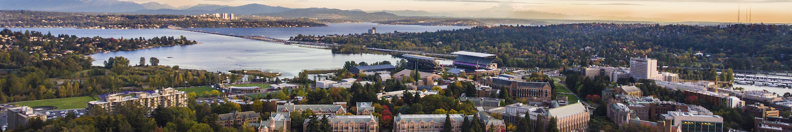 arial view of campus and Lake Washington looking east