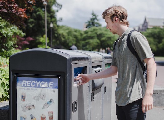 person putting waste in a recycle bin